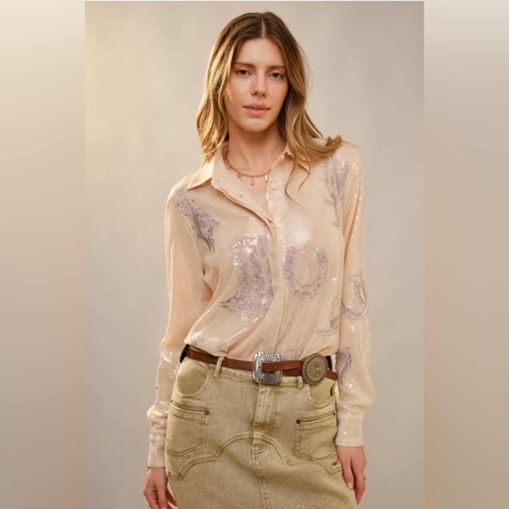 Western Embroidered Sequin Button Down Shirt - Blue B